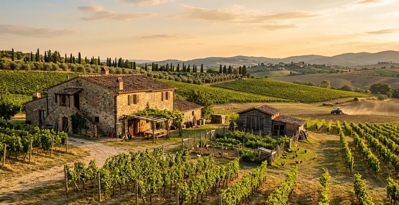 Vista panoramica di un vero agriturismo italiano con campi coltivati, vigneti e animali da cortile