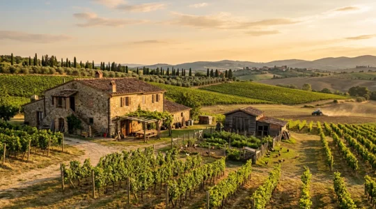 Vista panoramica di un vero agriturismo italiano con campi coltivati, vigneti e animali da cortile