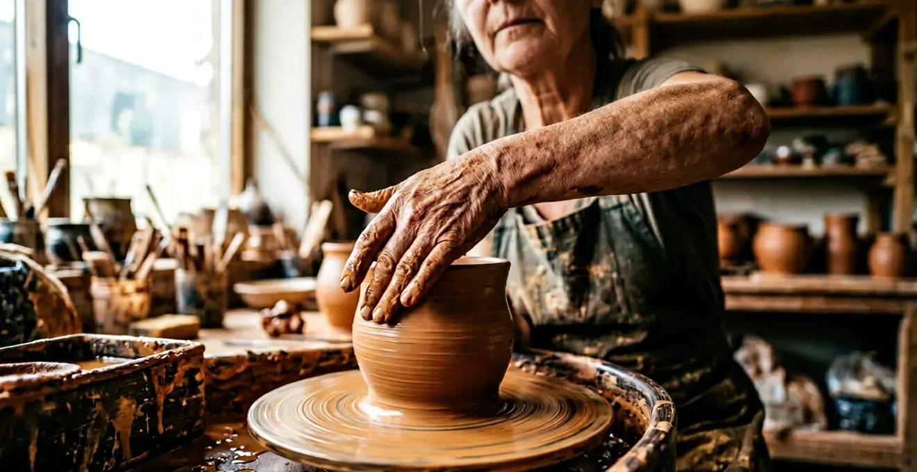 Mani esperte di artigiano al lavoro su ceramica al tornio con dettagli delle venature dell'argilla