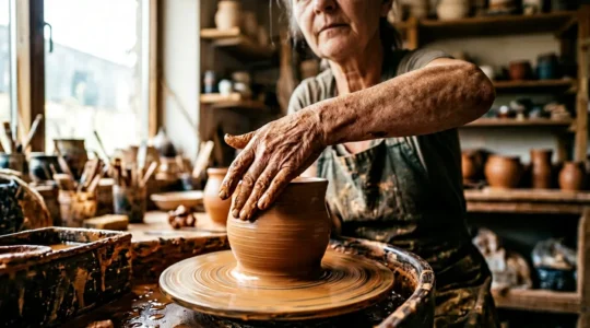 Mani esperte di artigiano al lavoro su ceramica al tornio con dettagli delle venature dell'argilla