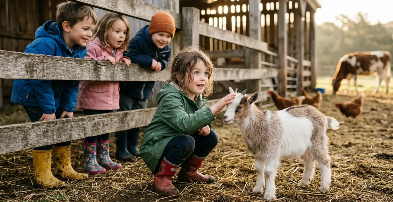Bambini urbani entusiasti accarezzano una capretta in una fattoria didattica sotto il sole primaverile