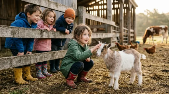 Bambini urbani entusiasti accarezzano una capretta in una fattoria didattica sotto il sole primaverile