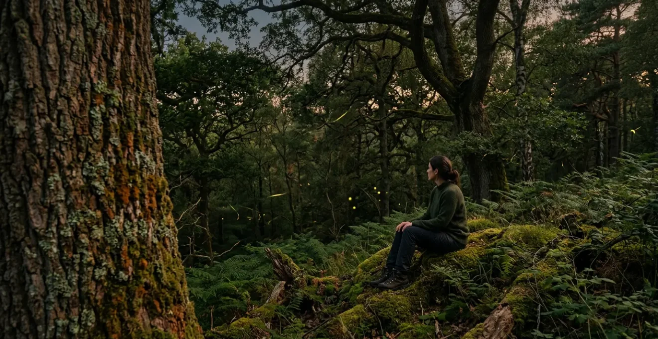 Persona immersa in un ambiente naturale ricco di biodiversità con licheni e lucciole