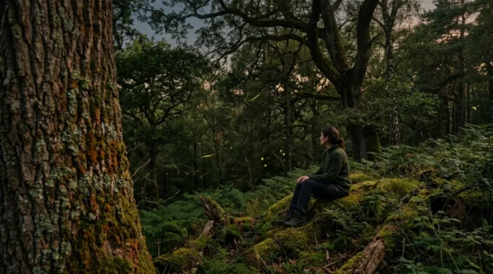 Persona immersa in un ambiente naturale ricco di biodiversità con licheni e lucciole
