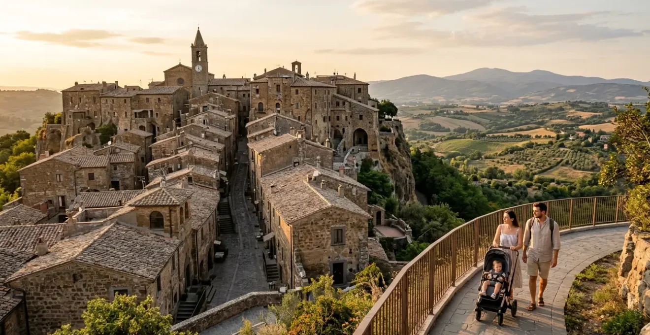 Famiglia con passeggino in un pittoresco borgo medievale italiano con strade acciottolate