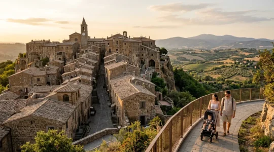 Famiglia con passeggino in un pittoresco borgo medievale italiano con strade acciottolate