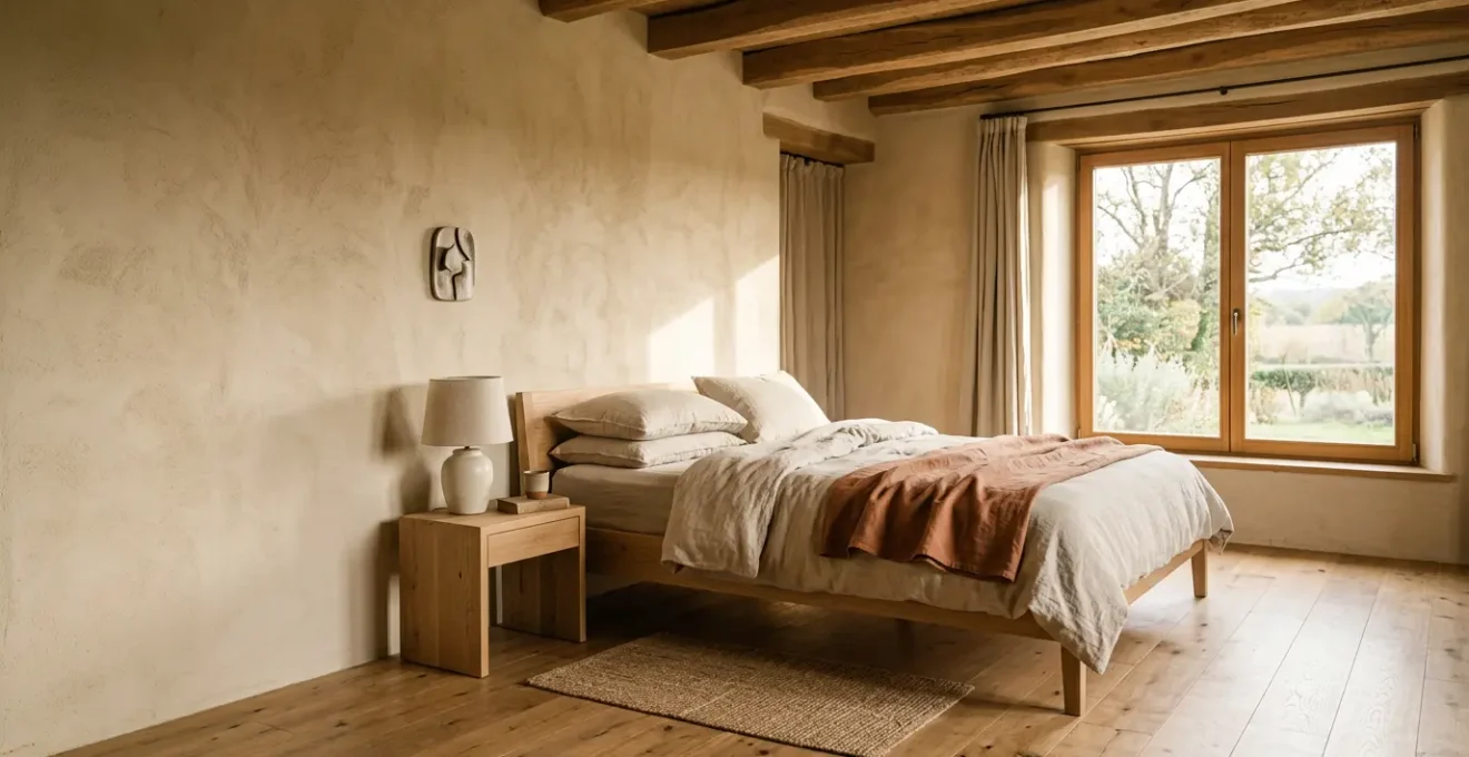 Camera da letto in bioedilizia con pareti in calce e canapa, pavimento in legno naturale e atmosfera rilassante