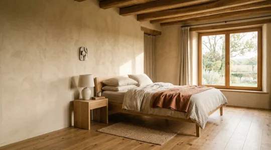 Camera da letto in bioedilizia con pareti in calce e canapa, pavimento in legno naturale e atmosfera rilassante
