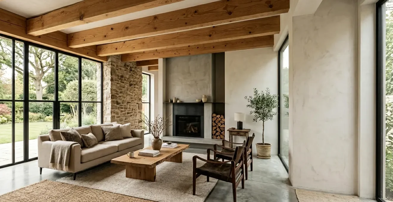 Soggiorno rustico-chic moderno con contrasti materici equilibrati