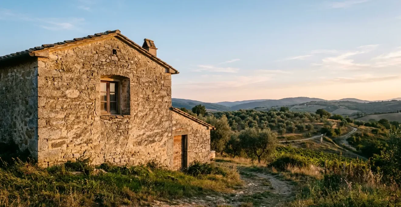 Casa rurale in pietra al tramonto con pareti spesse e piccole finestre che mantengono l'interno fresco