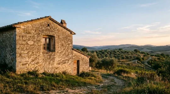 Casa rurale in pietra al tramonto con pareti spesse e piccole finestre che mantengono l'interno fresco