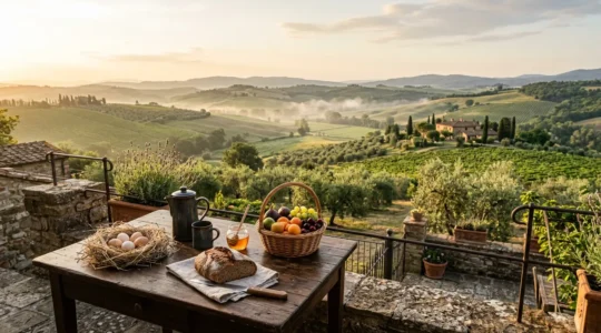 Colazione biologica con prodotti locali freschi in ambiente naturale