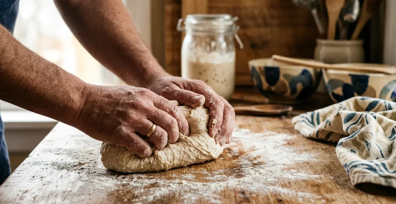 Mani impastano il pane con lievito madre su tavolo di legno rustico
