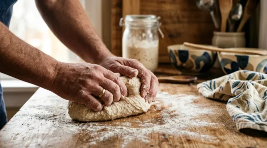 Mani impastano il pane con lievito madre su tavolo di legno rustico