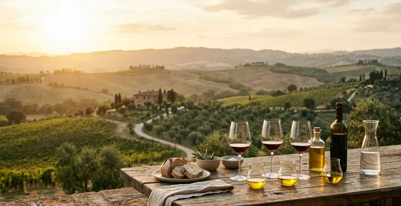 Degustazione professionale di vino e olio in un agriturismo con vista sulle colline toscane