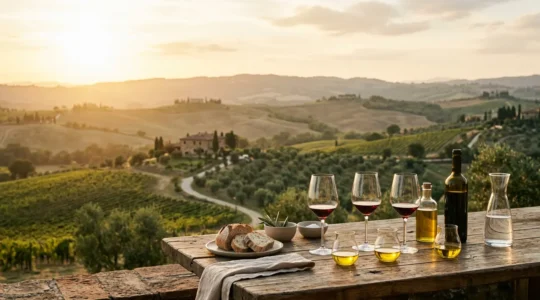 Degustazione professionale di vino e olio in un agriturismo con vista sulle colline toscane