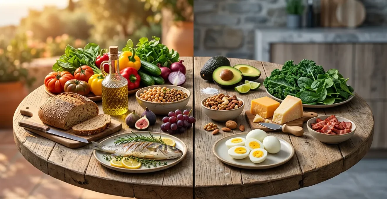 Confronto visivo tra dieta mediterranea e chetogenica con ingredienti tipici