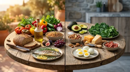 Confronto visivo tra dieta mediterranea e chetogenica con ingredienti tipici