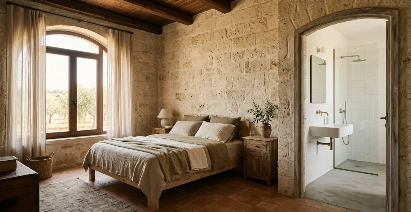 Vista interna di una dimora storica con muri in pietra e bagno moderno elegantemente integrato