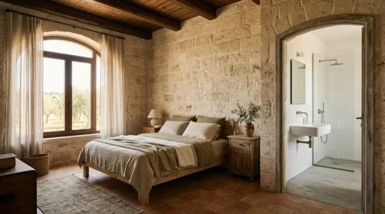 Vista interna di una dimora storica con muri in pietra e bagno moderno elegantemente integrato