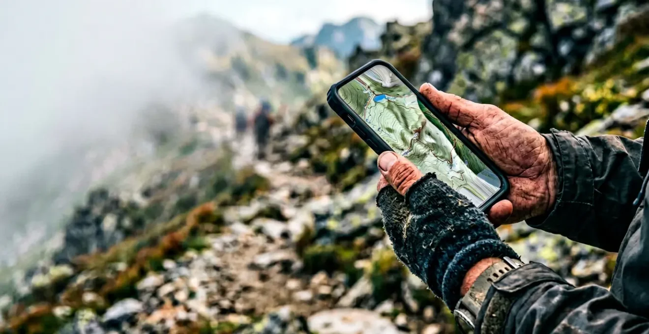 Escursionista che consulta una traccia GPX sul suo smartphone durante un'escursione in montagna