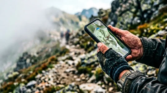 Escursionista che consulta una traccia GPX sul suo smartphone durante un'escursione in montagna