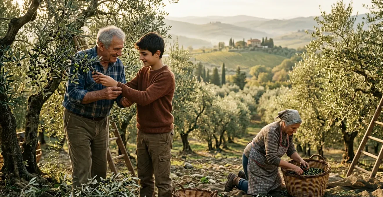 Persone che raccolgono olive in un oliveto toscano durante l'autunno dorato