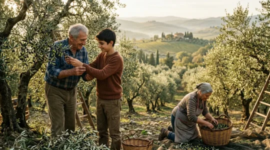 Persone che raccolgono olive in un oliveto toscano durante l'autunno dorato