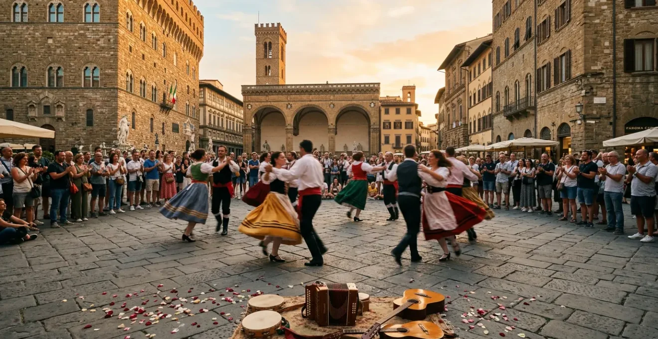 Danza tradizionale italiana in piazza storica al tramonto con pubblico misto