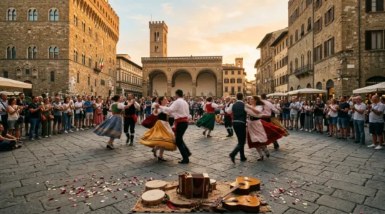Danza tradizionale italiana in piazza storica al tramonto con pubblico misto