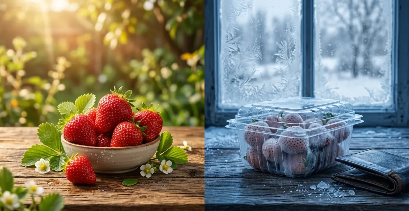 Confronto tra fragole di stagione e fragole invernali su tavola rustica