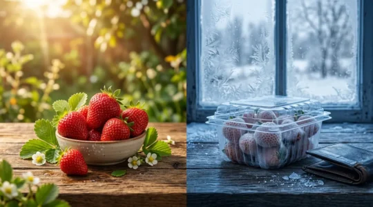 Confronto tra fragole di stagione e fragole invernali su tavola rustica