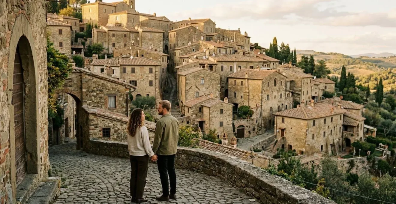Giovane coppia contempla un borgo medievale italiano al tramonto tra colline e case in pietra
