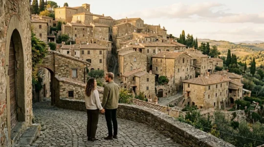 Giovane coppia contempla un borgo medievale italiano al tramonto tra colline e case in pietra