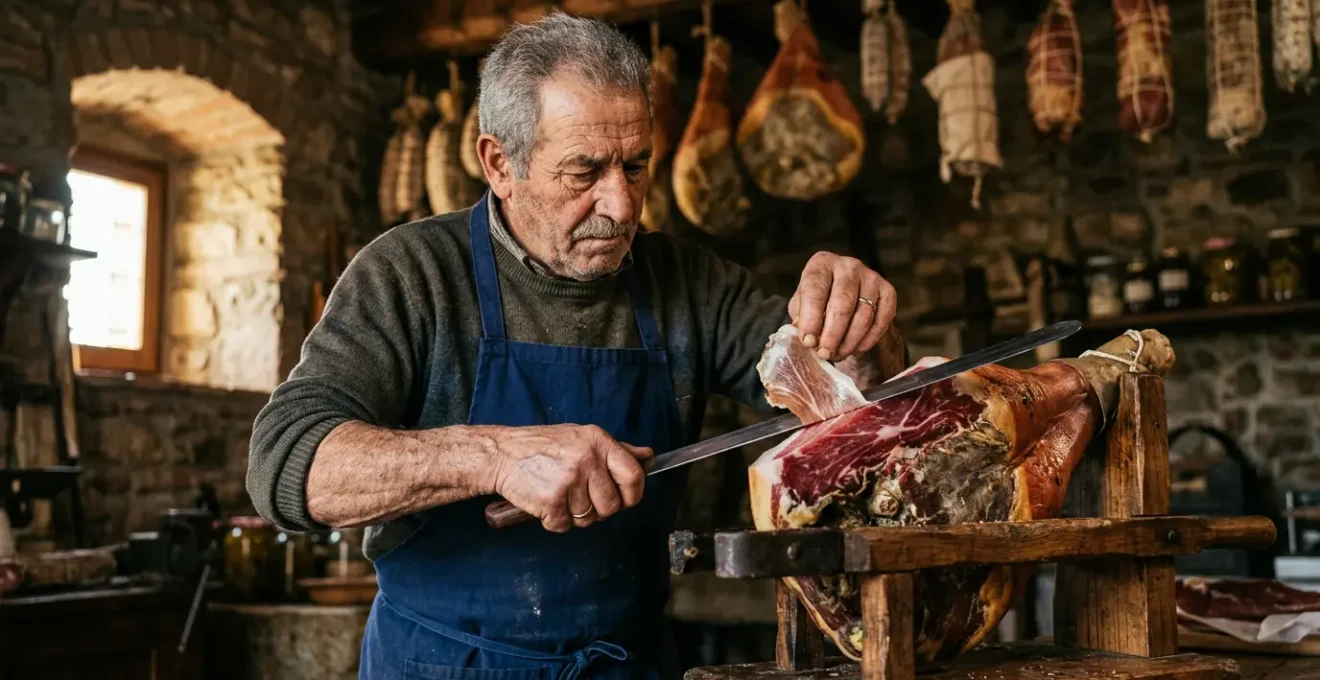 Maestro norcino che affetta un prosciutto stagionato a mano in una cantina tradizionale