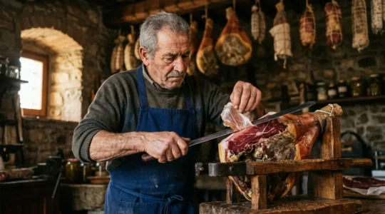 Maestro norcino che affetta un prosciutto stagionato a mano in una cantina tradizionale