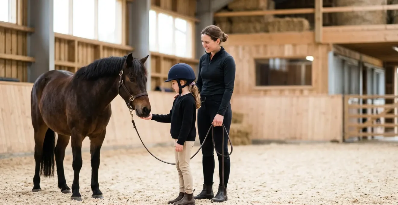 Bambino che accarezza un pony docile in un maneggio luminoso e pulito