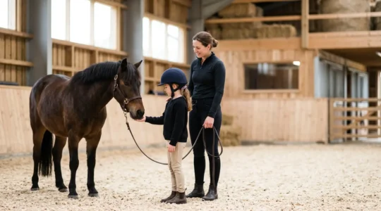 Bambino che accarezza un pony docile in un maneggio luminoso e pulito