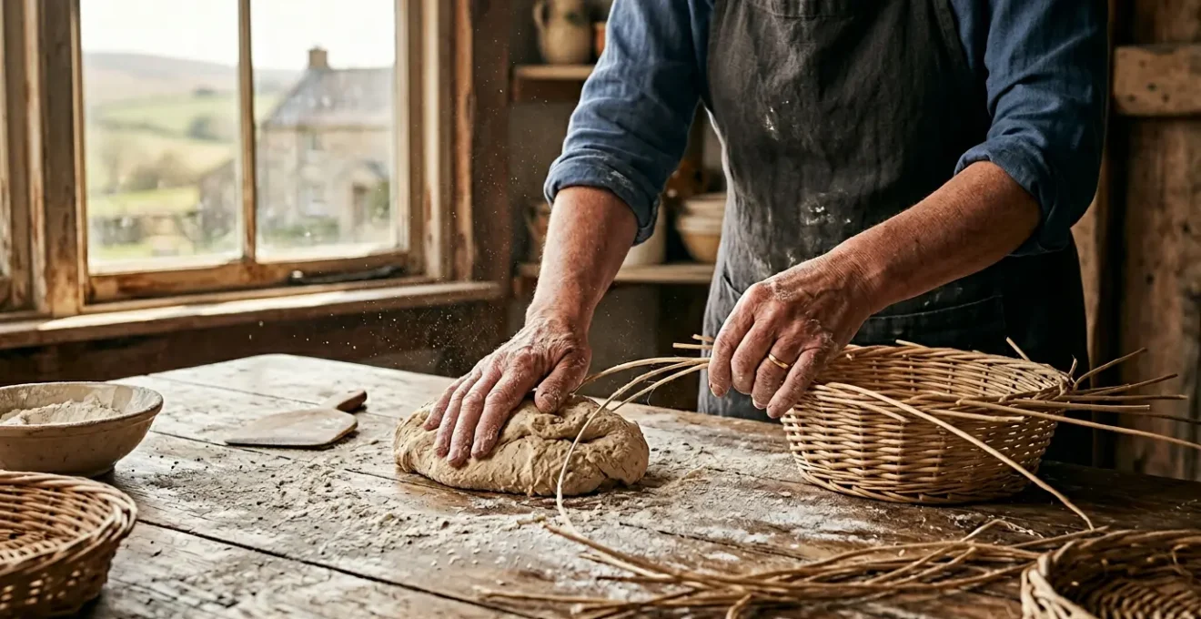 Mani che lavorano un impasto di pane e intrecciano vimini in un ambiente rurale toscano con luce naturale dorata