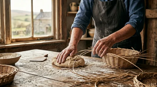 Mani che lavorano un impasto di pane e intrecciano vimini in un ambiente rurale toscano con luce naturale dorata