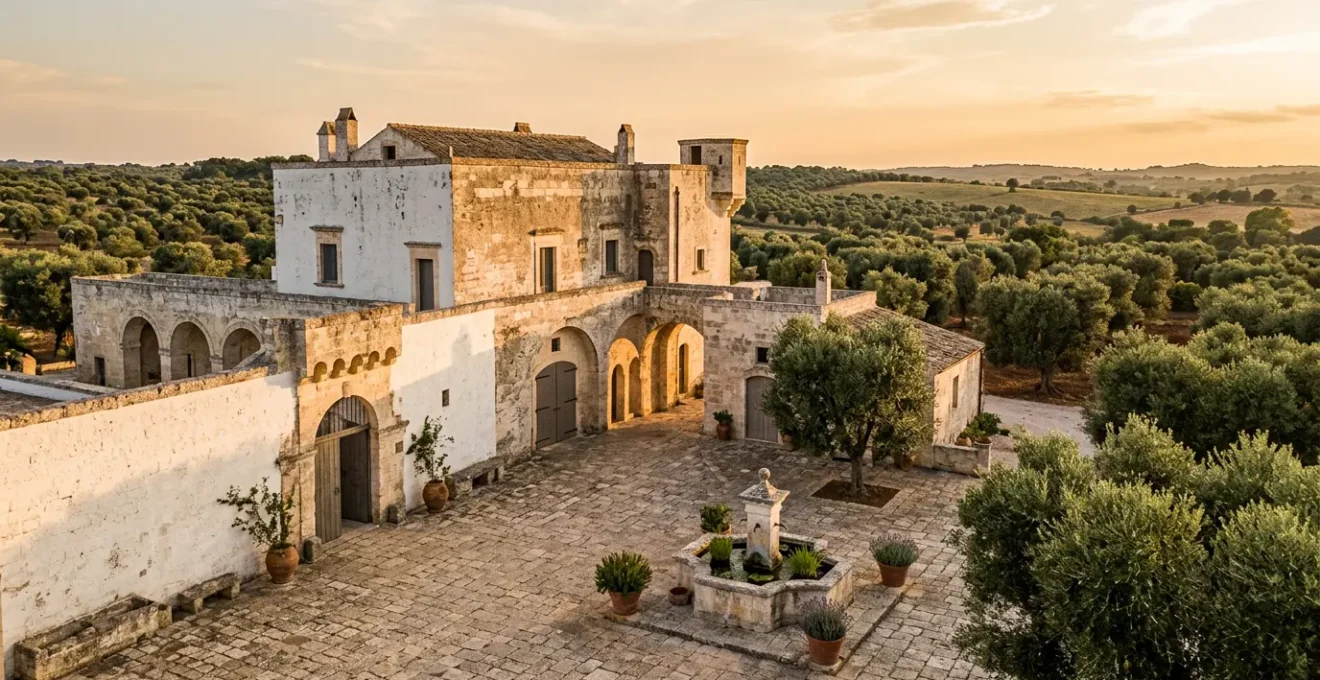 Cortile interno di una masseria pugliese al tramonto con ospiti che socializzano