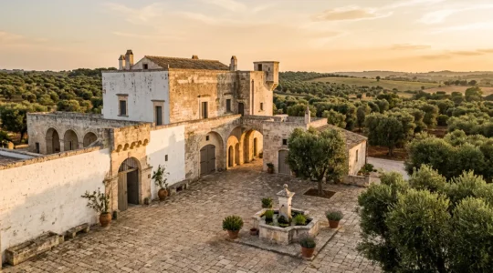 Cortile interno di una masseria pugliese al tramonto con ospiti che socializzano