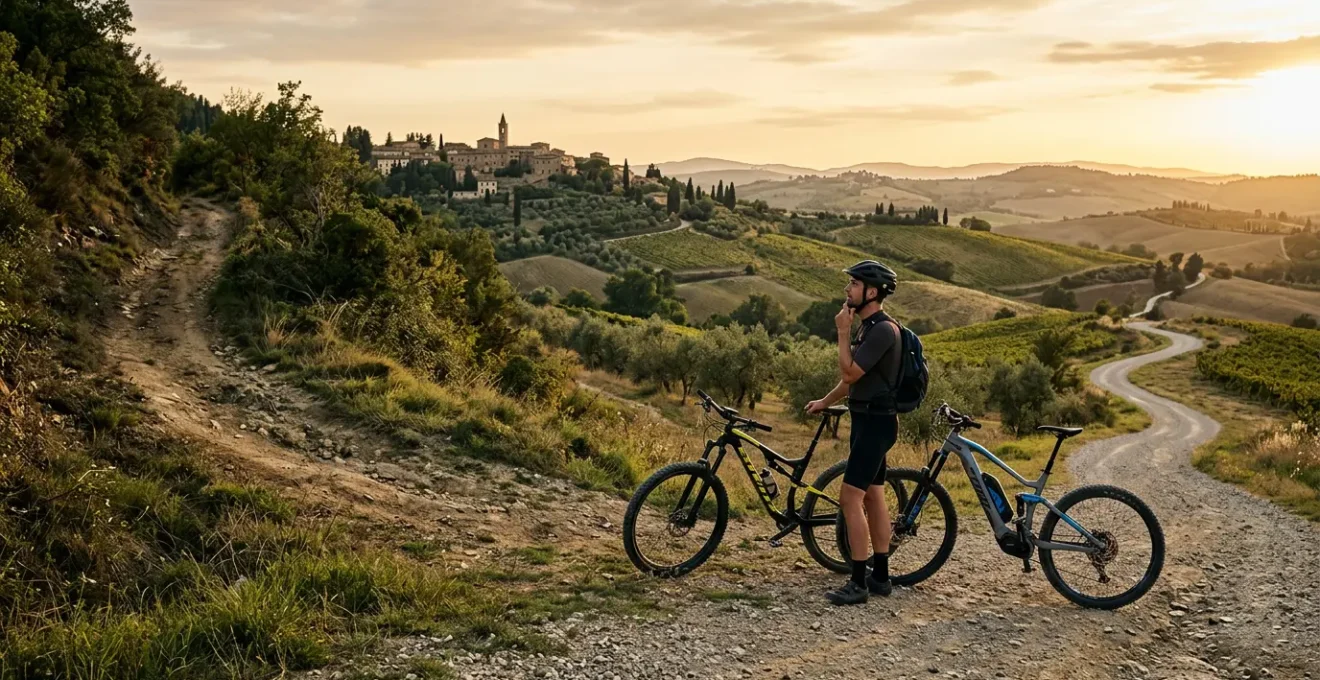 Ciclista su e-MTB affronta salita collinare italiana al tramonto