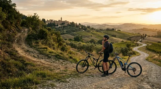 Ciclista su e-MTB affronta salita collinare italiana al tramonto