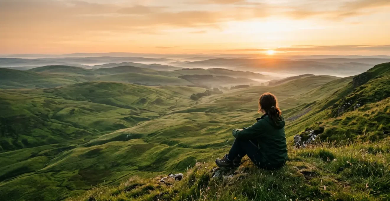 Vista panoramica di colline verdi ondulate all'alba con persona che contempla l'orizzonte