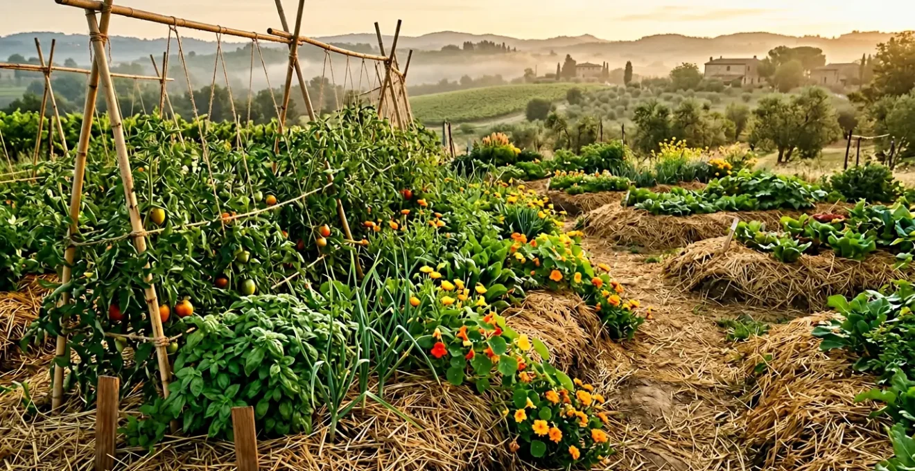 Vista panoramica di un orto sinergico con bancali rialzati, fiori colorati e diverse verdure che crescono insieme