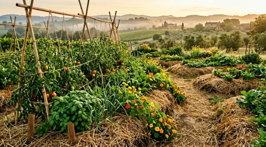 Vista panoramica di un orto sinergico con bancali rialzati, fiori colorati e diverse verdure che crescono insieme