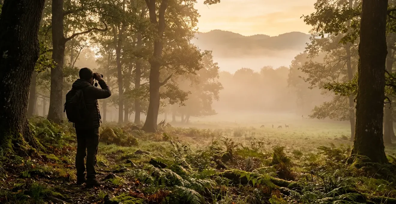 Osservatore naturalista in un bosco italiano all'alba con binocolo mentre osserva la fauna