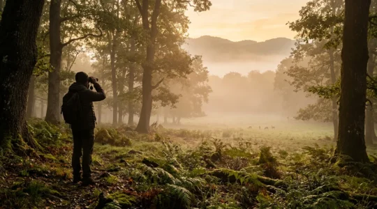 Osservatore naturalista in un bosco italiano all'alba con binocolo mentre osserva la fauna