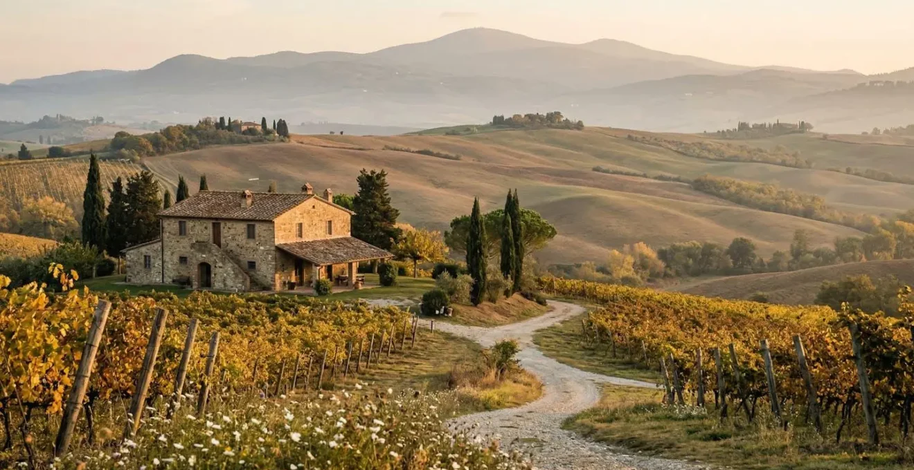 Vista panoramica delle colline toscane con agriturismo tra vigneti dorati al tramonto
